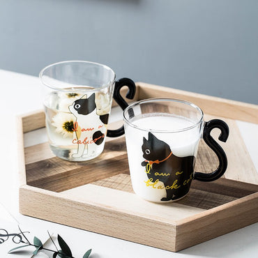 **(NET)**Glass Water Cup Creative Cute Cat Mug Tail Handle - Black / KC22-250