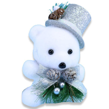 Christmas Sitting White Bear With Silver Glitter Hat.