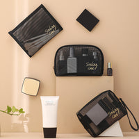 **(NET)**Cosmetic Bag Transparent Mesh Easy to Carry Zipper Black Convenient Storage Polyester  Toiletry Bag for Travel / KC22-228