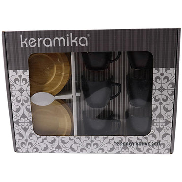 Porcelain Coffee Cups with wood Saucers Set ( 12 Pcs) - Karout Online -Karout Online Shopping In lebanon - Karout Express Delivery