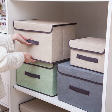 (NET) Cotton Linen Large Storage Box With Cap Clothes Socks Toys Organizer / 802122 / KC22-242-1 / KC22-242-2