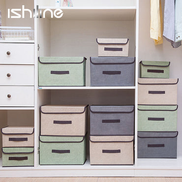 (NET) Cotton Linen Large Storage Box With Cap Clothes Socks Toys Organizer / 802122 / KC22-242-1 / KC22-242-2