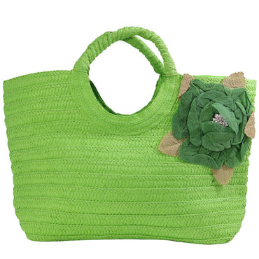 Flower Designed Straw Beach Bag Green Summer