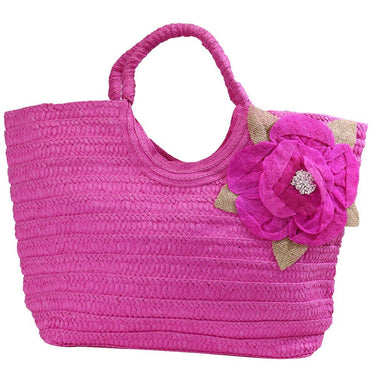Flower Designed Straw Beach Bag Fuchsia Summer