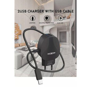 Shop Online MOXOM Fast Wire Wall Charger 2 USB Charger Europe Plug 2.4A Home Charger Travel Partner - Karout Online Shopping In lebanon