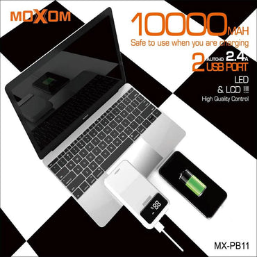 Shop Online Moxom MX-PB11 Power Bank Dual Fast Charging Port 2.4A, LCD Display and LED Light Superior Design Moxom Dual USB 2.4A Charging Port with LCD Battery Percentage Display Power Bank (10000mAh) - Karout Online Shopping In lebanon