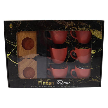 Porcelain Coffee Cups with wood Saucers Set ( 12 Pcs) - Karout Online -Karout Online Shopping In lebanon - Karout Express Delivery