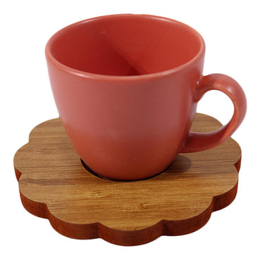 Porcelain Coffee Cups with wood Saucers Set ( 12 Pcs) - Karout Online -Karout Online Shopping In lebanon - Karout Express Delivery