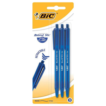 Bic Round Stic Clic Pen 1.0 mm Blue / 3 pieces - Karout Online -Karout Online Shopping In lebanon - Karout Express Delivery