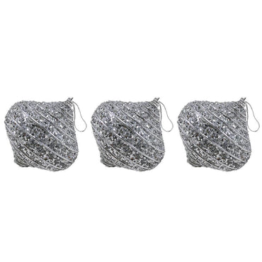 Christmas Oval Glitter Striped Silver Balls Tree Decoration Set (3 Pcs) - Karout Online -Karout Online Shopping In lebanon - Karout Express Delivery
