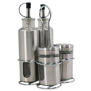 Canister Vinegar Oil Bottle and Salt Pepper shaker Set with Stainless Metal Stand Holder - Karout Online -Karout Online Shopping In lebanon - Karout Express Delivery