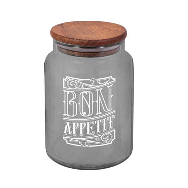 Herevin  Jar Transparent Grey Painted - White Bon Appetit Printed - Karout Online -Karout Online Shopping In lebanon - Karout Express Delivery