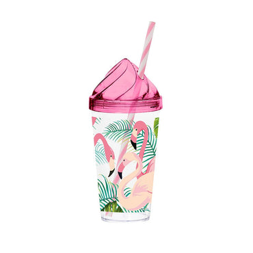 Herevin Decorated Tumbler with Straw  - Flamingo / 660ml - Karout Online -Karout Online Shopping In lebanon - Karout Express Delivery