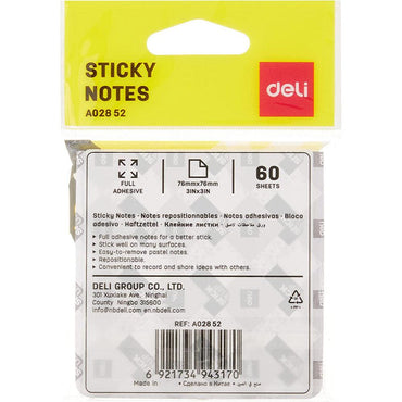 Deli EA02852 Full Adhesive Sticky Notes, 76 x 76mm 60 Sheets - Karout Online -Karout Online Shopping In lebanon - Karout Express Delivery