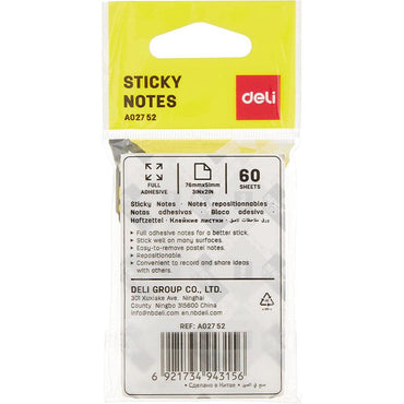 Deli EA02752 Full Adhesive Sticky Notes, 76 x 51mm 60 Sheets - Karout Online -Karout Online Shopping In lebanon - Karout Express Delivery