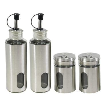 Canister Vinegar Oil Bottle and Salt Pepper shaker Set with Stainless Metal Stand Holder - Karout Online -Karout Online Shopping In lebanon - Karout Express Delivery