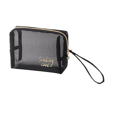 **(NET)**Cosmetic Bag Transparent Mesh Easy to Carry Zipper Black Convenient Storage Polyester  Toiletry Bag for Travel / KC22-226