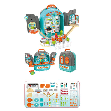 (Net) Aqua and Grey 2-in-1 Kitchen and Dining Backpack Playset for Kids