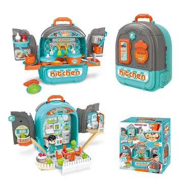 (Net) Aqua and Grey 2-in-1 Kitchen and Dining Backpack Playset for Kids