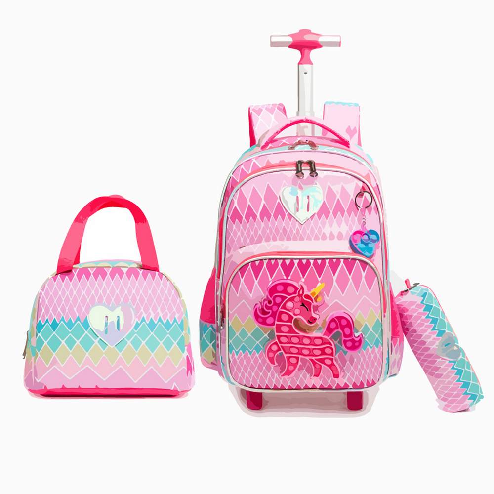 (NET) Cute Unicorn Rolling Backpack for Girls Backpacks with Wheels for Elementary Kids Set Of 3 Pcs