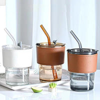 (Net) Glass Tumbler Cup Clear Reusable Mugs with Leak Proof Lid and Heat resistant Leather Band and Straw 400ml