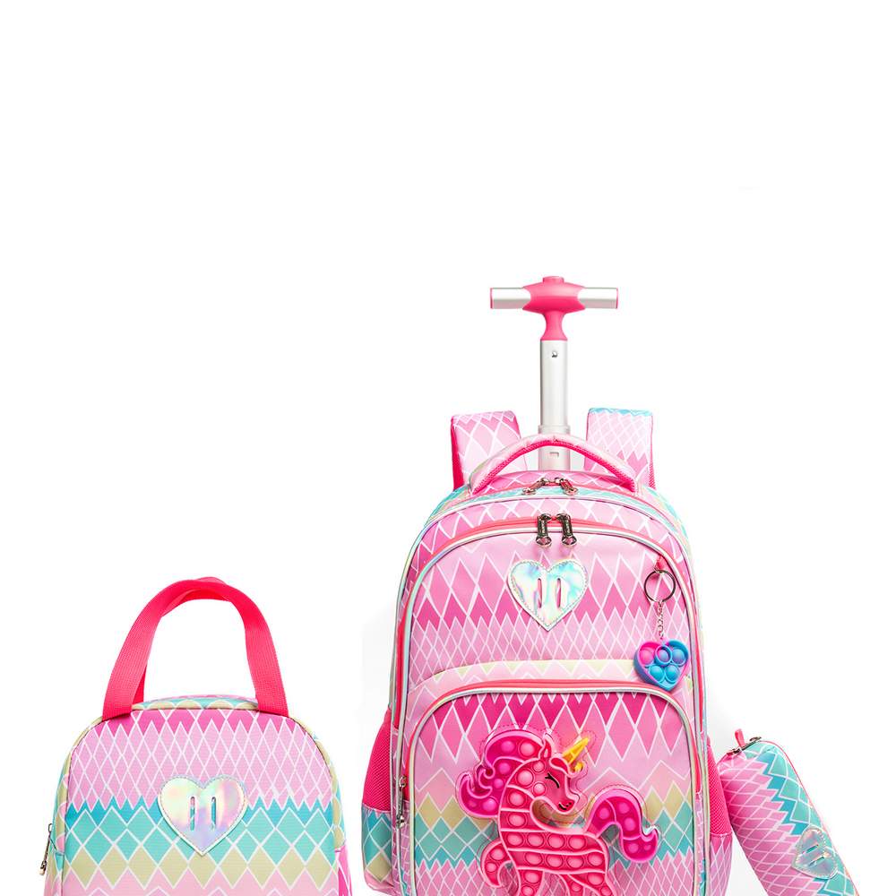 (NET) Cute Unicorn Rolling Backpack for Girls Backpacks with Wheels for Elementary Kids Set Of 3 Pcs