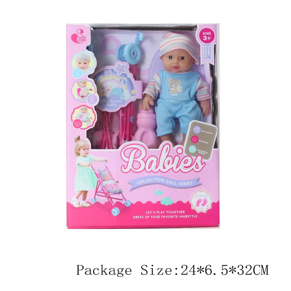 Cute Baby Doll with Blue Clothes And Carriage Toy for Toddlers / 688793