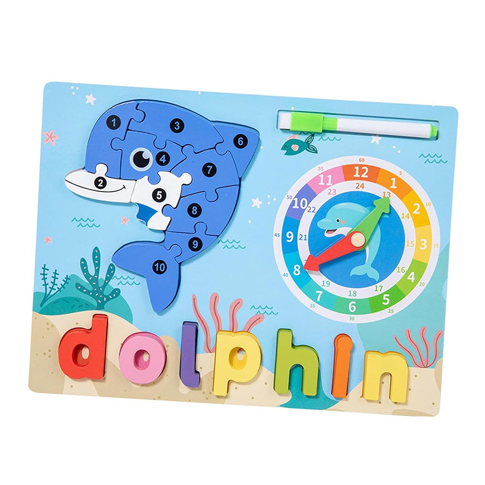 Creations Montessori Toy Preschool Alphabet Animal Puzzle With Clock & Marker