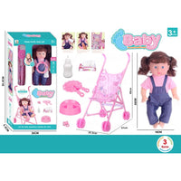 Foldable Baby Doll Stroller Set with Nursing Tools - Brown-Haired Doll