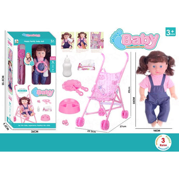 Foldable Baby Doll Stroller Set with Nursing Tools - Brown-Haired Doll