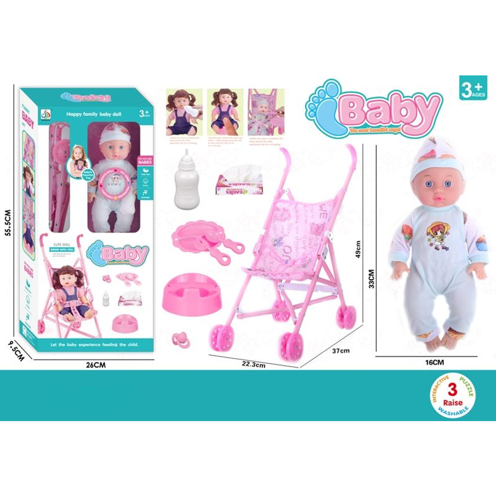 Foldable Baby Doll Stroller Set with Nursing Tools - Toddler Doll in Cute Pajamas