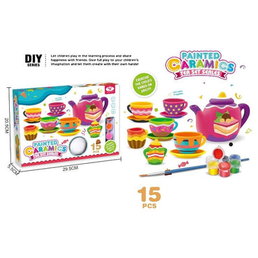15-Piece Ceramic Desserts and Cakes Tea Set Toy with Painting Tools - Creative Play