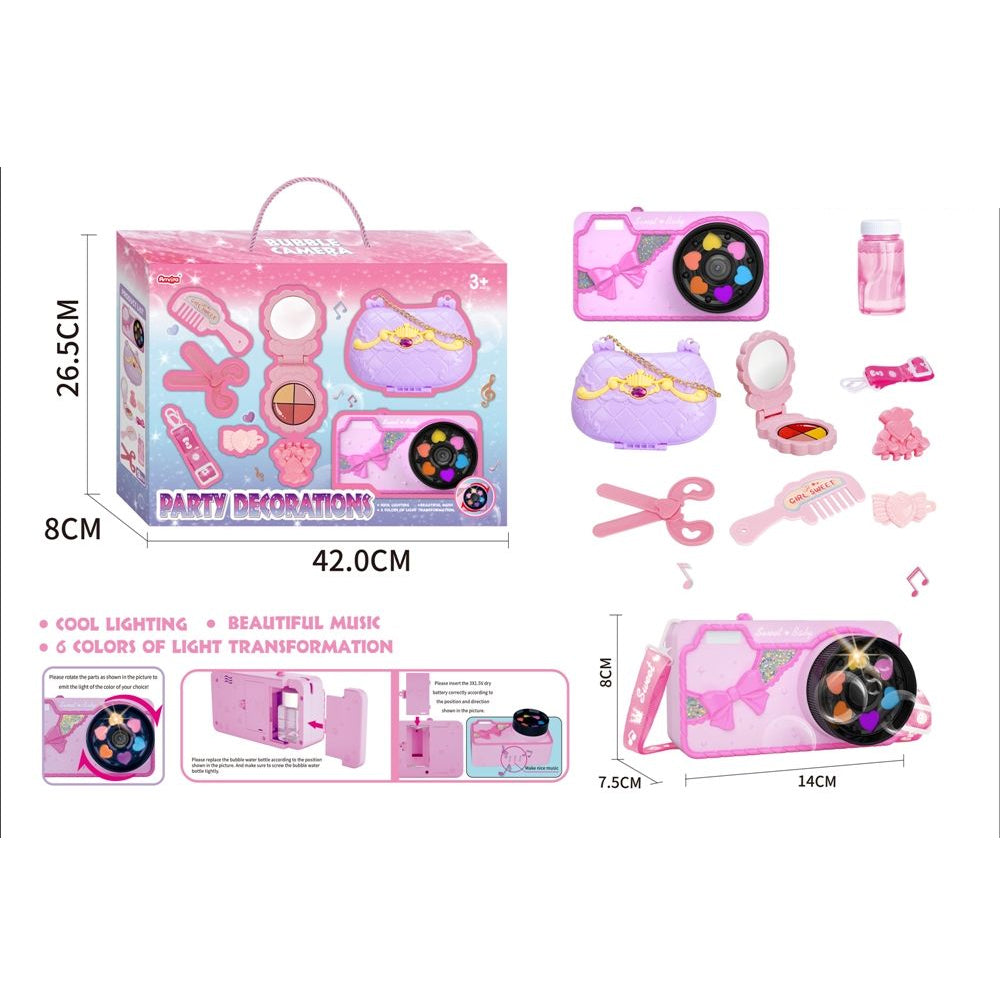 2-in-1 Light-Up Bubble Camera with Makeup Accessories - Musical Fun for Kids
