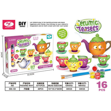 16-Piece Ceramic Tea Set Toy with Painting Tools - Expressive Emotions Designs