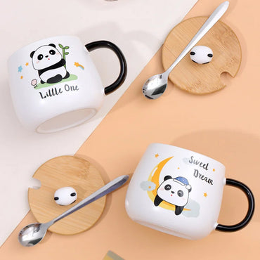 (Net) Cute Panda Ceramic Cup with Spoon and Wooden Cap