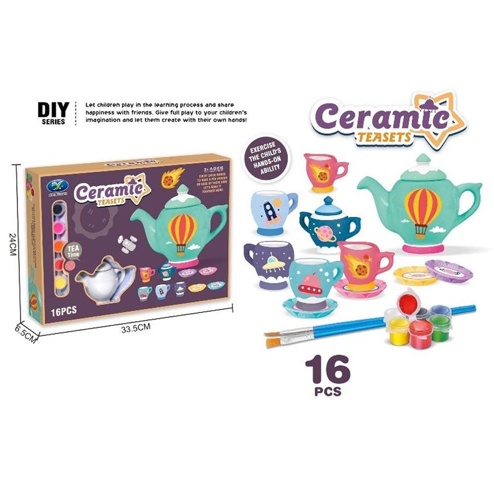 16-Piece Space-Themed Ceramic Tea Set Toy with Painting Tools - Imaginative Play