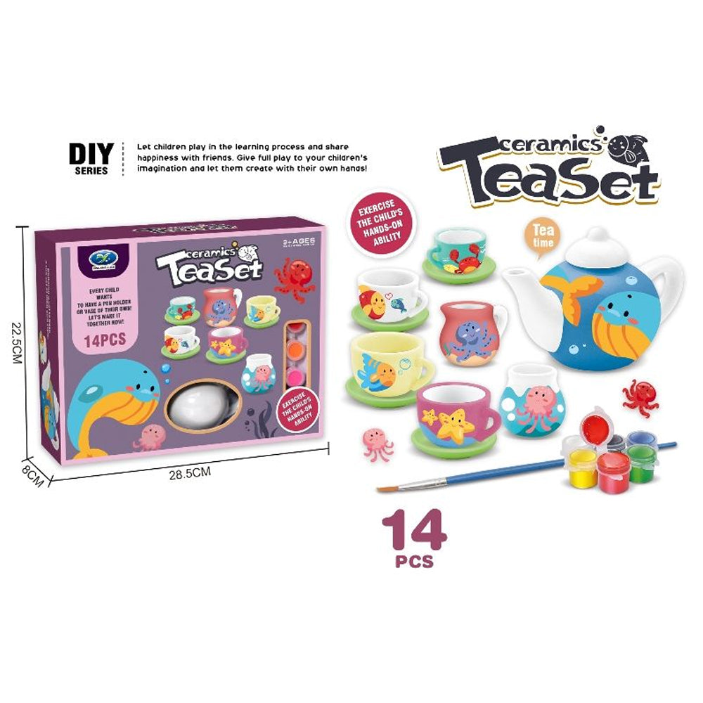 Ceramic Sea Animals Tea Set Toy with Painting Tools - 14-Piece Simulation Playset