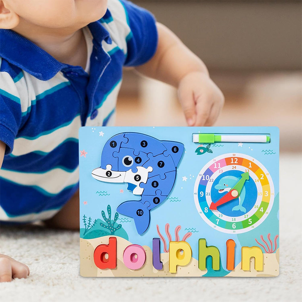 Creations Montessori Toy Preschool Alphabet Animal Puzzle With Clock & Marker