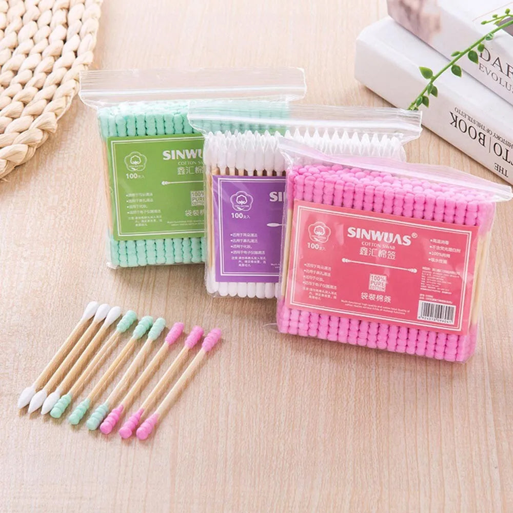 (NET)  100Pcs Double Head Disposable Makeup Cotton Swab