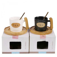 (Net) Chic Ceramic Cup with Wooden Handle and Teaspoon / 715704