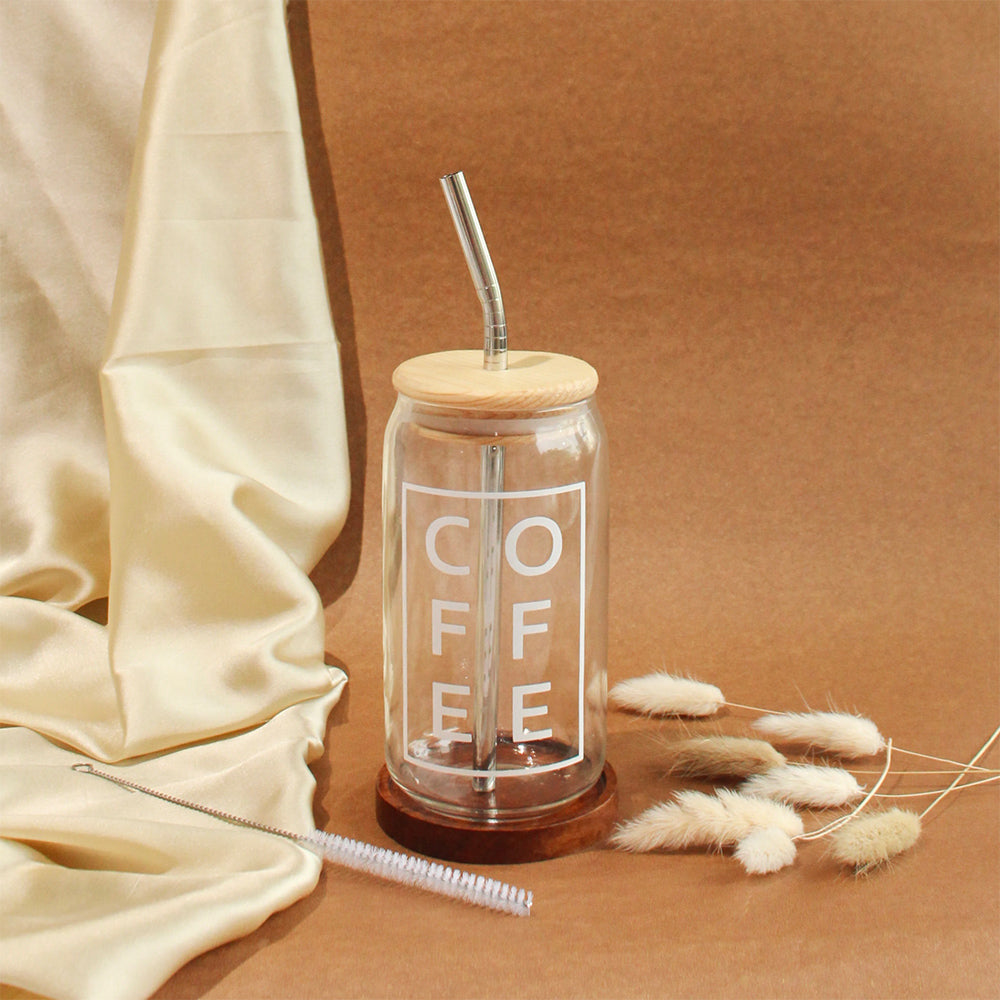 (NET) Coffee Can Shaped Glass with Lid and Stainless Steel Straw  500ml