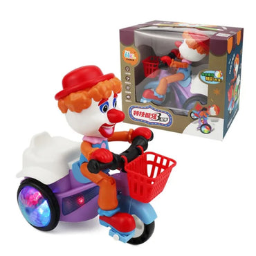 Kids Electric Music Light 360 Degree 45 Degree Upright Rotation Clown Stunt Car Tricycle Toys