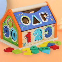 Wooden Interlocking Toy House With Numbers Geometric Shapes And Signs