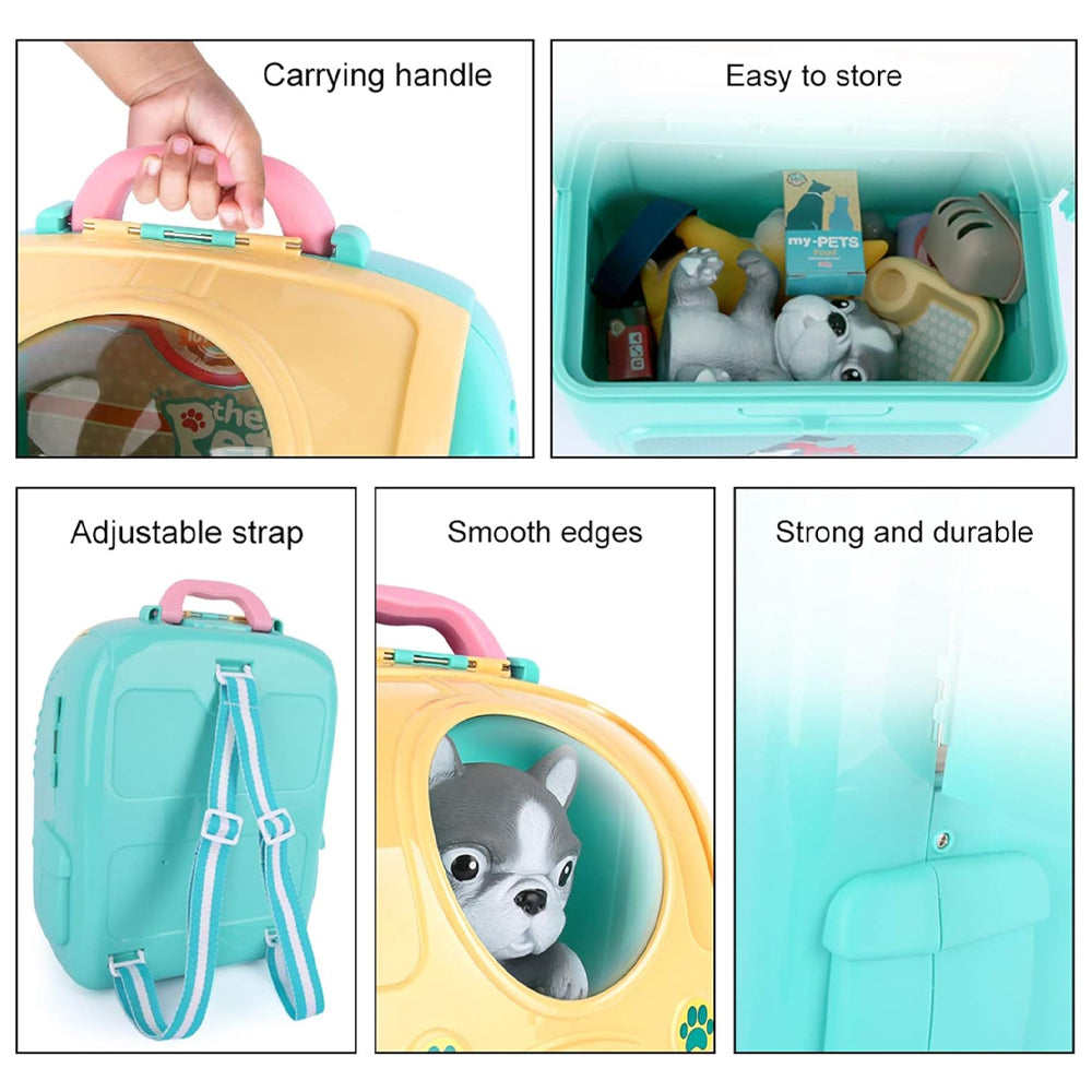2-in-1 Aqua Yellow Animal Cat And Dog Bag Pretend Play Pet Care Set
