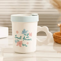 (Net) Ceramic Coffee Mug with Lid and Flower Shaped Handle - 16oz / 886320