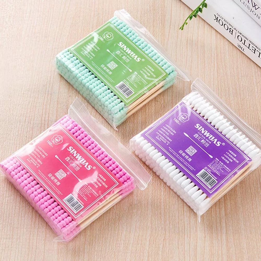 (NET)  100Pcs Double Head Disposable Makeup Cotton Swab