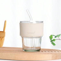 (Net) Glass Tumbler Cup Clear Reusable Mugs with Leak Proof Lid and Heat resistant Leather Band and Straw 400ml