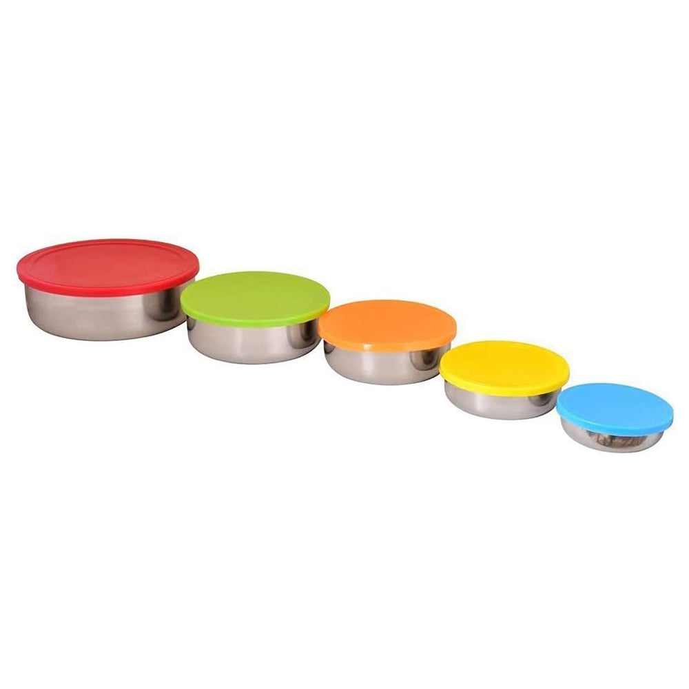 Set of 5 Stainless Steel Storage Bowls with Airtight Multi-Colored Lids 5 pcs
