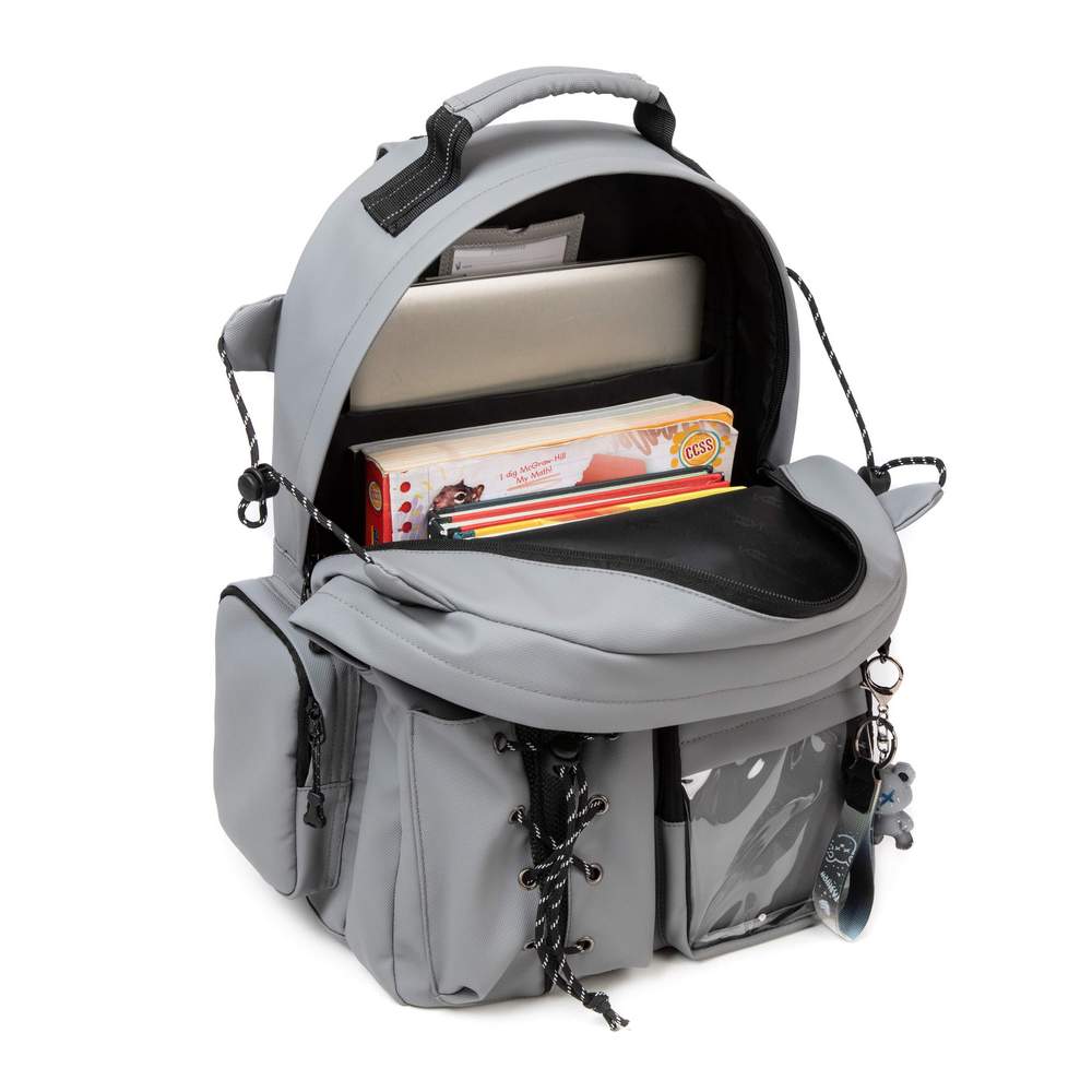 (NET) Grey Backpack with Lunch Box & Pencil Bag Set Of 3 Pcs