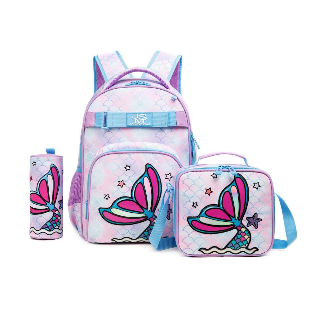 (NET) School Bag with Lunch Bag and Pencil Case Mermaid Set Of 3  Pcs